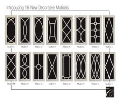 the different types of decorative doors and windows in an architectural design style, with their corresponding names