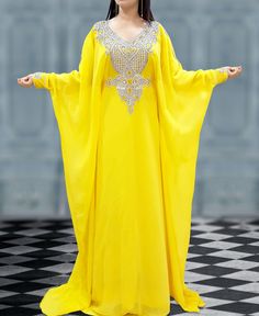 Yellow and silver beaded handwork Women caftan dress for party dubai moroccan kaftan abaya farasha maxi dress Making Kaftan: 1)Women Kaftan 2)Kids Kaftan or Girls Caftan if you want to make women kaftan please select XS to 6X Size or if you want to make kids kaftan please select 1Years kids to 16 Years kids Size. Size: Women : XS to 6X Kids : 2 Years to 16 Years Custom Size: Send your Measurement (please check the size chart attached at the end gallery image of this product. Please Select Your R Dubai Kaftan Dress, Arabic Wedding Dresses, Moroccan Kaftan Dress, Chiffon Kaftan, Kaftan Gown, Kaftan Abaya, Dress For Party, Moroccan Kaftan, Kaftan Maxi Dress