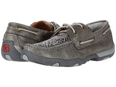 Twisted X WDM0130 - Women's Shoes : Grey/Multi : The Twisted X WDM0070 lace-up shoe blends the style of a boat shoe with the comfort of a driving moc for an elevated comfortable look that will easily become your go-to favorite. Boat shoes with a casual silhouette and moc toe design. Full-grain leather upper with a distressed finish and intricate floral tooling at vamp. Textile lining for breathable wear. Removable, machine washable SD footbed with antimicrobial and moisture-wicking properties. C Casual Slip-on Boat Shoes With Rubber Sole, Casual Boat Shoes With Rubber Sole And Moc Toe, Casual Slip-on Boat Shoes With Stitched Sole, Casual Boat Shoes With Rubber Sole, Casual Slip-on Boat Shoes With Textured Sole, Casual Slip-on Plain Toe Boat Shoes, Casual Slip-on Boat Shoes With Plain Toe, Casual Slip-on Low-top Boat Shoes, Casual Slip-on Outdoor Moccasins