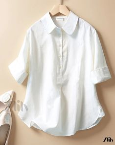 Zlily - Comfortable Linen-Cotton Casual White Shirt Spring Collared Top With Placket, White Collared Top With Placket, Spring Collared Neckline Top With Placket, Spring Tops With Collared Neckline And Placket, Relaxed Fit Blouse With Collar, Relaxed Fit Tops With Collared Neckline In Solid Color, White Relaxed Fit Blouse With Collared Neckline, Solid Color Tops With Collared Neckline And Relaxed Fit, Solid Collared Neckline Tops With Relaxed Fit