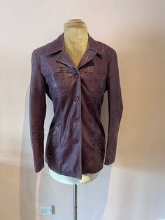 Vintage Y2K Oakwood aubergine leather jacket, fitted leather jacket, leather blazer. UK 8 A vintage Oakwood Y2K aubergine coloured fitted leather jacket. UK Size 8. Please check measurements: Chest - 92cm Waist - 76cm Length - 69cm Classic Fitted Burgundy Leather Jacket, Fitted Burgundy Leather Jacket For Work, Fitted Burgundy Leather Jacket, Business Fall Purple Outerwear, Purple Business Outerwear For Fall, Fitted Purple Leather Jacket For Fall, Vintage Purple Blazer For Fall, Vintage Apron Dress, Vintage Runway Fashion