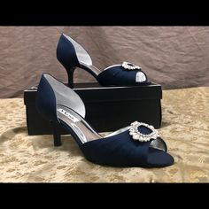 Navy Blue With Embellishments. Size 10 W. Peep Toes. Blue Open Toe Wedding Shoes For Formal Occasions, Formal Blue Open Toe Wedding Shoes, Chic Blue Wedding Shoes For Evening, Elegant Blue Wedding Shoes For Evening, Elegant Blue Low Heel Shoes, Elegant Blue Low Heel Heels, Nina Shoes, Shoes Women Heels, Embellishments