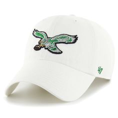 a white hat with an eagle embroidered on the front and green lettering that reads,