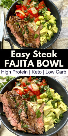 Images of steak fajita bowls with cauliflower rice and avocado Healthy Steak And Veggies Recipe, Carb Sources Healthy, Keto Steak Fajita Bowl, Skirt Steak Keto Recipes, Healthy Low Carb Beef Recipes, Keto Steak Fajitas Low Carb, High Protein Stir Fry Low Carb, Meal Prep With Steak Easy Recipes, Low Carb Red Meat Recipes