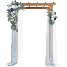 an arch decorated with flowers and greenery for a wedding ceremony on white back ground