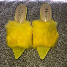 Brand New Heels Size 38 Fit More Like A 6 1/2 - 7 Foot Yellow High Heel Mules For Party, Low Heel Mules For Party In Fall, Chic Yellow Mules For Party, Fall Party Mules With Low Heel, Chic Yellow Party Mules, Yellow Open Toe Heels For Fall, Chic Yellow Pointed Toe Mules, Chic Yellow Heels For Fall, Chic Yellow Closed Toe Mules