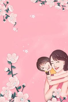 a woman holding a child in her arms on a pink background with flowers and butterflies