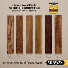 several different types of wood stain for furniture and home decor, with the words minwax wood finish oil - based penetrating stain show in special walnut