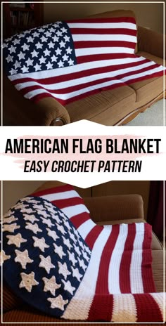 an american flag blanket made with crochet is shown in two different photos and the same