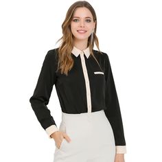 It's a perfect piece as a casual but eye-catching top for work, office, or business occasions to keep your fall styling effortless. This button-up shirt with a color-block design and cuffed sleeves adds subtle texture and casual charm to your look. To style it now, pair it with work pants. The color block design in the collar and cuffs adds a subtle feminine twist and a stunning staple to your modern closet with the workwear-inspired style of this long-sleeve blouse. The smooth and soft fabric, Spring Business Blouse With Lapel Collar, Chic Business Casual Blouse With Lapel Collar, Chic Office Blouse With Lapel Collar, Chic Blouse With Lapel Collar For Office, Chic Button-up Shirt For Office, Chic Collared Business Casual Shirt, Chic Collared Shirt For Business Casual, Chic Business Casual Shirt With Collared Neckline, Chic Office Shirt For Fall