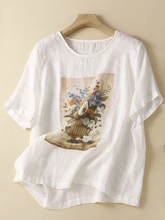 Women's Cotton Linen T-Shirt Vintage Floral Printed Crew Neck Loose Linen Blouse Top Printed Relaxed Fit Blouse With Crew Neck, White Relaxed Fit Blouse With Crew Neck, White Blouse With Relaxed Fit And Crew Neck, White Relaxed Fit Crew Neck Blouse, Printed Blouse With Relaxed Fit And Crew Neck, Printed Crew Neck Blouse, Relaxed Fit Blouse With Floral Print And Crew Neck, Relaxed Fit Crew Neck Blouse With Floral Print, Relaxed Fit Floral Print Blouse With Crew Neck