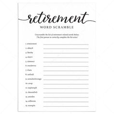 Retirement Scrambled Words Game Printable by LittleSizzle Black And White Game, Retirement Party Themes, Scramble Words, Word Scramble, Calligraphy Script, Game Printable, Retirement Party, Retirement Parties, Word Games