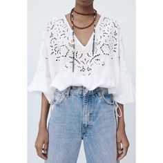 White Zara Eyelet Openwork Cutwork Embroidery Elastic Hem Blouse Top -Tie Sleeve Detail Bohemian Broderie Anglaise Lace Top For Summer, Embroidered Bohemian Lace Top For Summer, Spring Bohemian Lace Embroidered Top, Casual Cutwork Tops For Summer, Bohemian Embroidered Lace Top For Summer, Zara Embroidered V-neck Blouse, White Embroidered Bohemian Lace Top, Bohemian Embroidered Lace Top With Lace Trim, Zara Embroidered Bohemian Blouse