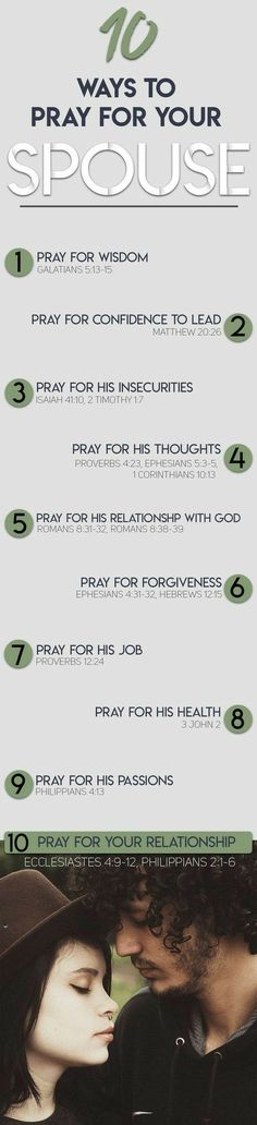 the ten ways to pray for your spouse poster is shown in green and white