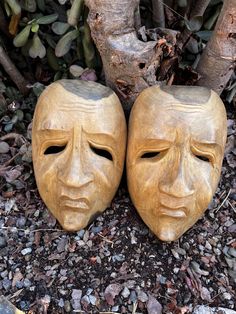 two wooden masks sitting next to each other on the ground in front of a tree