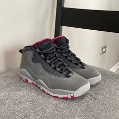 Kids 5.5y Smoke Gray/ Rush Pink Jordan 10 Retro Fits Women’s 6.5-7 Used- Barely Worn (Still Have Box) Casual Mid-top Jordan Shoes With Air Cushioning, Casual Outdoor Basketball Shoes With Air Cushioning, Casual Jordan Shoes With Air Cushioning, Casual High-top Sneakers With Air Cushioning And Round Toe, Sporty High-top Jordan Shoes For Outdoor, Casual Jordan Shoes With Air Cushioning And Round Toe, Casual Gray Jordan Shoes With Air Max Cushioning, Gray Outdoor Basketball Shoes With Round Toe, Pink Jordan Sports Shoes