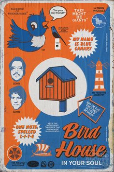 an advertisement for bird house in your soul, with blue and orange colors on it