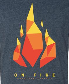 a t - shirt with the words on fire written in gold, and an orange geometric design