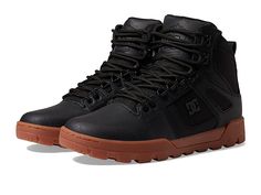 DC Pure High-Top WR Boot - Men's Lace-up Boots : Black/Gum 2 : The perfect after snowboard sesh shoe is here with the rugged vibes of the DC Pure High-Top WR boot! High-top silhouette. Uppers of leather and nubuck with a water-repellent finish. Mix of D-rings and classic boot speed lacing hardware. Gusseted tongue construction for added warmth and weather resistance. Heavy-duty rubber outsole with rugged tread for long-lasting wear. Imported. Measurements: Weight: 1 lb 4 oz Product measurements Rugged High-top Moto Boots For Hiking, Waterproof High-top Moto Boots For Outdoor Activities, Insulated High-top Combat Boots For Hiking, Black Leather Moto Boots For Outdoor, High-top Moto Boots With Rubber Sole For Outdoor, Black Moto Boots With Round Toe For Adventure, Black Round Toe Moto Boots For Adventure, High-top Adventure Boots With Laces, High-top Boots With Studded Rubber Outsoles For Outdoor