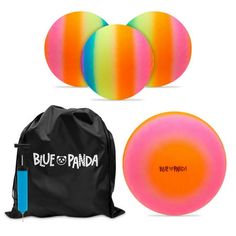 three neon colored frisbees and a black bag with the words blue panda on it