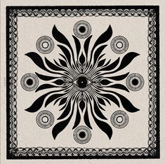 a black and white square with an intricate design on the center, surrounded by circles