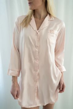 Blush Satin Sleep Shirt – Spikes and Seams Feminine Satin Sleepwear For Loungewear, Feminine Satin Finish Sleepwear For Loungewear, Feminine Sleepwear With Satin Finish, Feminine Satin Sleepwear For Home, Feminine Satin Sleepwear, Feminine Silk Sleepwear, Feminine Long Sleeve Satin Sleepwear, Elegant Relaxed Fit Sleepwear, Satin Long Sleeve Nightgown For Loungewear