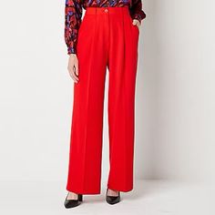 Wide Leg High Rise Red Trousers Worthington Beautiful Bright Red Color, New With Tags Women’s Size 6 32” Inseam Red Trousers, Tie Waist Pants, Slacks For Women, Wide Leg Dress Pants, Crochet Halter Tops, Slim Leg Pants, Black Dress Pants, Fitted Skirt, Stretch Dress