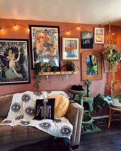 Boho-Chic Meets Skeleton Whimsy: Unique Sitting Areas 🌵💀 Dark Apartment Decor Aesthetic, Apartment Living Room Accent Wall, Girly Maximalist Living Room, Interior Design Eclectic Vintage, Earthy Home Inspiration, Cozy Vintage Living Room Decor Ideas, Creepy Living Room Aesthetic, Cozy Living Room Couch Ideas, Early 20s Room Decor