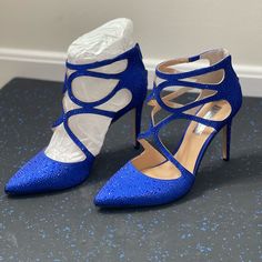 Brand New Never Worn Blue Flat Heels For Party, Elegant Blue Lace-up Heels, Blue Lace-up Heels With Synthetic Material, Blue Lace-up Heels In Synthetic Material, Blue Synthetic Heels For Evening, Blue Synthetic Evening Heels, Blue Synthetic Lace-up Heels, Blue Closed Toe Synthetic Heels, Blue Synthetic Closed Toe Heels