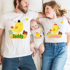 "Chicken💛🐤 PLEASE CHECK CHART SIZE FOR ACCURATE SIZE SELECTION.    ♥ Man WHITE T-shirts * Youth WHITE T-Shirts    ✔Brand: Fruit of the Loom *5 oz., pre-shrunk 100% cotton *High-density fabric for exceptional print clarity *Seamless 1x1 ribbed collar *Shoulder-to-shoulder taping *Double-needle stitched sleeves, bottom hem and front neck *Quarter-turned  ----------------------------------------------------------------------------------------------------------------------------------------------- Family Cotton T-shirt With Cartoon Print, Family Cartoon Print Cotton T-shirt, Cotton T-shirt With Cartoon Print For Family, Family Matching Cotton Shirt With Character Print, Father's Day Playful Short Sleeve T-shirt, Cotton T-shirt With Character Print For Family, White Cotton Top For First Birthday, First Birthday Tops With Cartoon Print And Short Sleeves, White Shirt With Funny Print For Father's Day