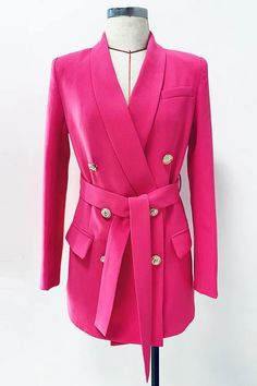 Dive into 2023 with the Seraphina – a high street fashion masterpiece by ALLARA. This hot pink blazer boasts double-breasted lion buttons and a chic belted shawl collar, setting you a class apart. Perfect for the confident woman who dares to stand out. Embrace modern luxury with a classic twist. Hurry and make a statement - get your Seraphina Blazer now before it's out of stock! Hot Pink Blazer, Shawl Collar Blazer, Hot Pink Blazers, Designer Jacket, Belted Blazer, Beautiful Items, Belted Jacket, Long Blazer, Pink Blazer