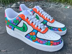 These are hand painted Nike Air Force 1's. Painted with acrylic leather paint and sealer. High quality and durable. Sepatu Air Jordan, Statement Sneakers, Custom Nike Air Force 1, Custom Sneakers Diy, Custom Nike Air Force, Painted Nikes, Custom Nike Air, Custom Painted Shoes, Custom Shoes Diy