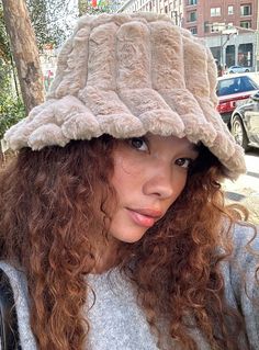 Bucket Hat   Faux fur, soft brim   100% Polyester Brown Bucket Hat, Faux Fur Hat, Fleece Dress, Sweatshirt Set, Fur Hat, Outerwear Outfit, Knit Sweatshirt, Hats For Sale, Casual Tank Tops