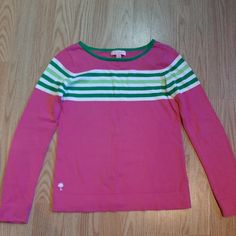 Bright And Beautiful Lily Pulitzer Sweater. Pink With Green And White Stripes. New Without Tags. 100% Cotton. Girl's Size Xl. (12 - 14) Preppy Pink Tops For Fall, Playful Pink Cotton Sweater, Playful Pink Crew Neck Sweater, Playful Pink Stretch Top, Preppy Fitted Pink Top, Pink Striped Sweater, Bright And Beautiful, Striped Sweater, Green And White