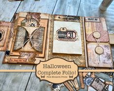 an open book with lots of different items on it and the words halloween complete fold