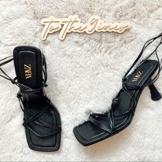 Bnwb 3.5” Heel Size 39eu Black 100% Leather Ref 2340/810 Price Is Firm Animal Print High Heels, Denim Pumps, Feather Sandals, Strap Sandals Heels, Zara Sandals, Denim Heels, Zara Heels, Pointy Toe Heels, Square Toe Heels