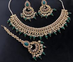 Green Polki jewellery set  Perfect for all occasions Heavy Round Kundan Necklace For Party, Party Kundan Necklace With Stone Work, Kundan Round Necklace For Parties, Kundan Necklace With Stone Work For Party, Party Temple Jewelry With Meenakari Details, Temple Jewelry With Meenakari For Party, Temple Jewelry For Party With Meenakari Details, Eid Gift Stone Work Jhumkas, Temple Jewelry Meenakari For Parties