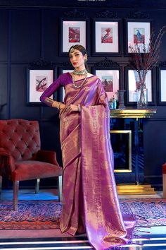 Wine Purple and Golden Soft Silk Saree for Woman Indian | Etsy Kanjeevaram Silk Saree, Designer Sari, Purple Weave, Sari Fabric, Saree Look