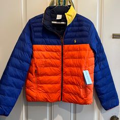 New Polo Ralph Lauren Boys Player 2 Reversible Jacket Multi Color Xl 18-20 $180 Sporty Ralph Lauren Fall Outerwear, Casual Orange Color Block Outerwear, Orange Nylon Outerwear For Fall, Casual Orange Nylon Outerwear, Sporty Orange Nylon Outerwear, Orange Long Sleeve Color Block Outerwear, Bubble Jacket, Ralph Lauren Boys, Reversible Jacket