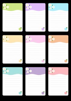 the printable notepads are lined up with flowers and polka dots on them