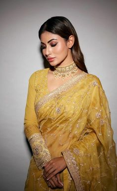 Moni Roy, Golden Blouse, Full Sleeve Blouse, Mouni Roy, Yellow Saree, Stylish Sarees, Festival Looks, Saree Look, Desi Fashion