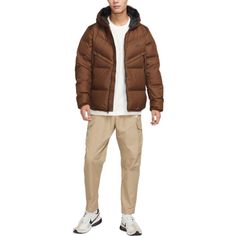 Nike hooded puffer jacket 'Brown' DV1132-259 (Down/Men's/Zipper) Brown Hooded Puffer Jacket For Outdoor, Brown Hooded Puffer Jacket For Winter, Sporty Puffer Jacket With Ribbed Cuffs For Outdoor Activities, Brown Winter Outdoor Puffer Jacket, Sporty Down Puffer Outerwear, Urban Hooded Puffer Jacket For Fall, Casual Nylon Puffer Jacket For Streetwear, Nike Hooded Puffer Jacket For Cold Weather, Hooded Puffer Jacket With Fleece Lining For Streetwear