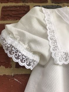 "Labeled sz 6x-true vintage-please pay attention to measurements-Pit to pit 13\"/length (shoulder to bottom) 23\"/clean no stains-Only issue sleeve elastic is only semi functional-did not affect our use of the dress-beautiful/Made in USA(89)" White Dress With Lace Sleeves And Square Neck, Vintage Short Sleeve Dress With Lace Trim For Party, Cottagecore Lace Trim Dress For Party, Cottagecore Lace Trim Party Dress, Fitted Dress With Lace Collar And Puff Sleeves, Spring Pastoral Dress With Lace Trim, White Puff Sleeve Vintage Dress For Summer, Pastoral Lace Trim Dress For Spring, Vintage Chiffon Dress With Long Sleeves