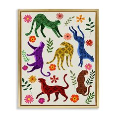 a card with different colored cats and flowers on the front, one has a gold frame