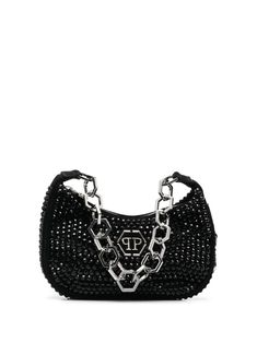 black calf leather crystal embellishment silver-tone logo plaque top zip fastening chain-link shoulder strap main compartment internal logo patch Phillips Plein, Unique Purses, Black Tweed, Tote Bag Black, Black Accessories, Philipp Plein, Crystal Embellishment, Cute Bags, Black Tote Bag