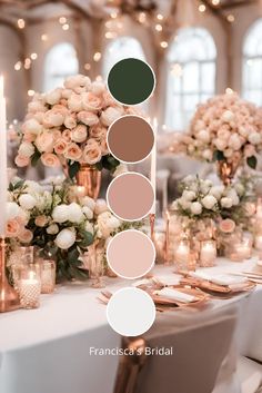 the table is set with candles, flowers and vases in shades of brown, pink, white and green