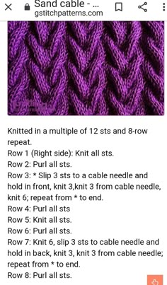 the knitting pattern is shown in purple and has instructions for how to knit it on