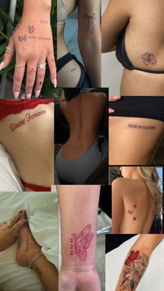 many different tattoos on the back of women's bodies and hands are shown in this collage