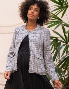 Seraphine's Fringed Tweed Maternity Jacket in classic black & white will elevate any outfit. Perfect for the office or any smart occasion. Pregnancy Work Outfits, Maternity Coats, Winter Pregnancy, Maternity Shift Dress, Maternity Work Pants, Maternity Nursing Clothes, Maternity Work Clothes, Maternity Cardigan, Maternity Jacket