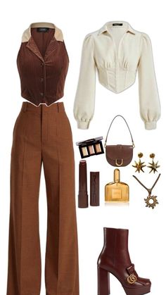 Brown Outfits For Women Classy, Chic Outfit Inspiration, Vintage Date Night Outfit, Vintage Outfit Moodboard, Feminist Outfits Aesthetic, History Inspired Outfits, Powerful Women Aesthetic Outfits, Modern Outfit Aesthetic, Copper Silk Skirt Outfit